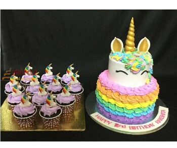 Rainbow Unicorn  Desert Table (2 kg cake , 10 Doll Cupcakes, 10 swirl Cupcakes) )  (1)
