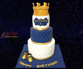 Blue and White 1st Birthday Crown Cake