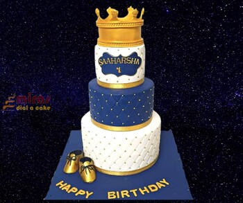 Blue and White 1st Birthday Crown Cake